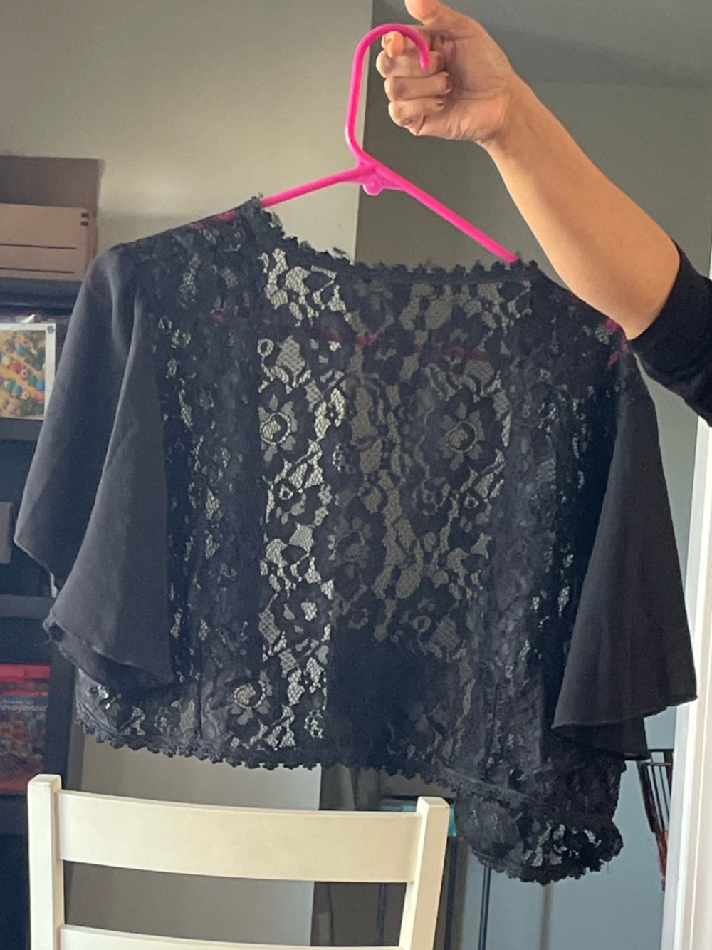 Black Lace Short Shrug - Feminine Open-Front Layer